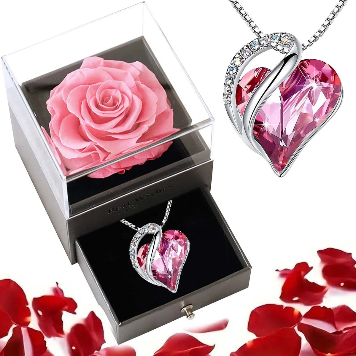 Ocean Heart Love Necklace with Eternal Rose – Romantic Gift for Her