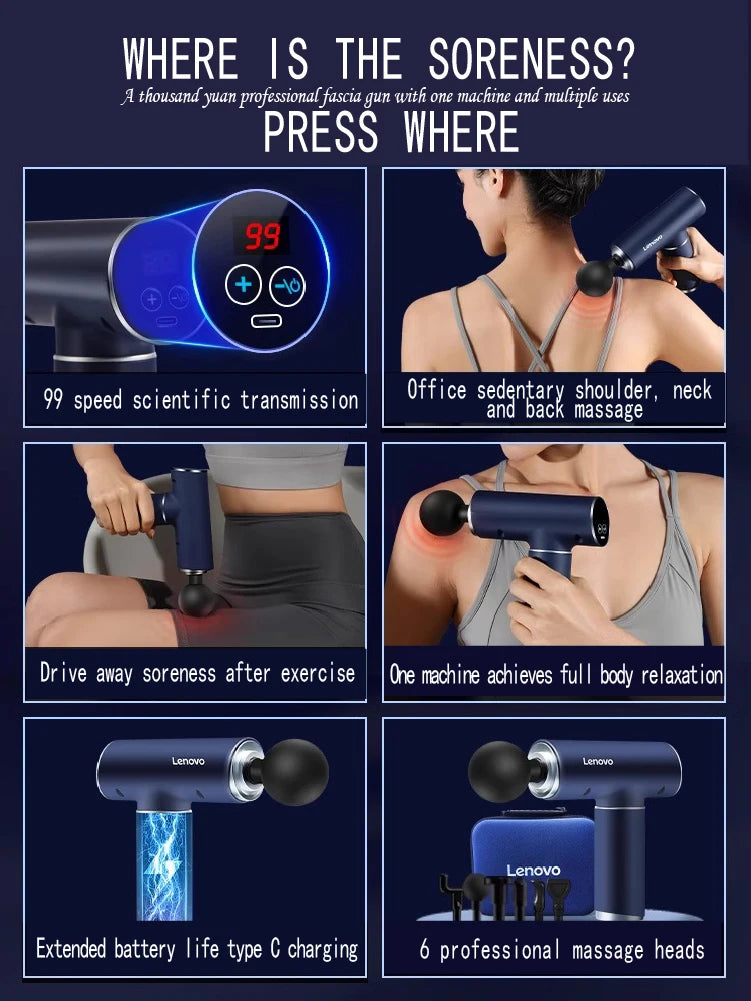 Lenovo Massage Gun Deep Tissue – Portable Percussion Massager for Pain Relief