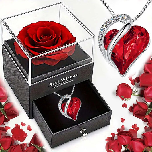 Ocean Heart Love Necklace with Eternal Rose – Romantic Gift for Her