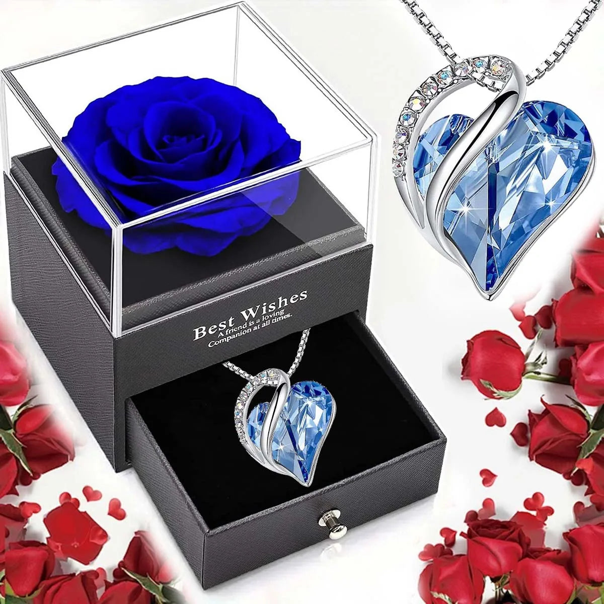 Ocean Heart Love Necklace with Eternal Rose – Romantic Gift for Her